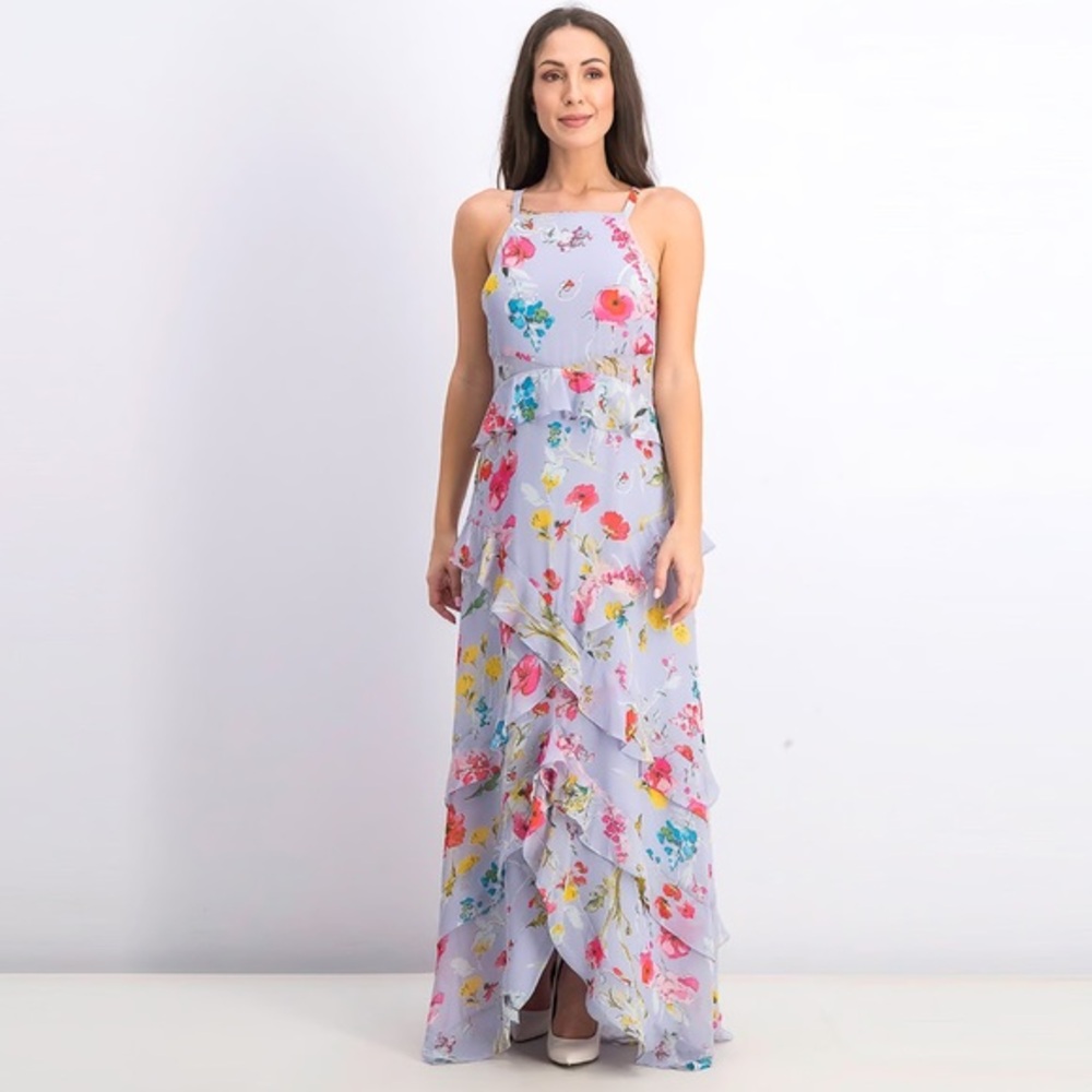 Rachel Roy purple lavender floral garden party ruffle maxi dress